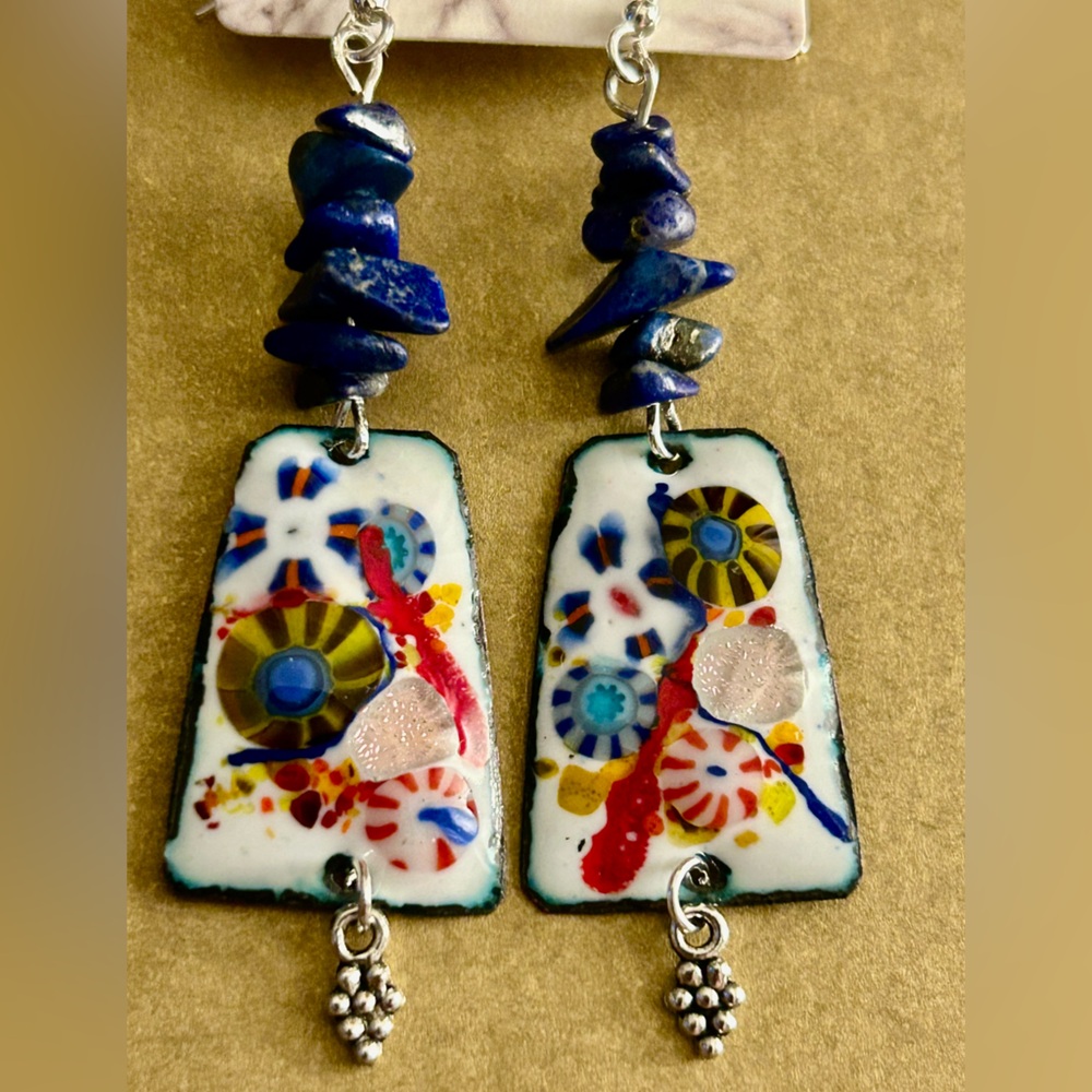 Earrings NWOT Millefiore Memories Artisan blue, yellow, red Copper enamel Lapis